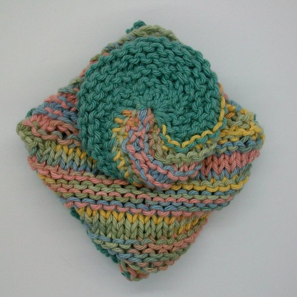 Handmade Knit Cotton Wash Dish Spa Cloth Scrubbie Set - Picture 2 of 7